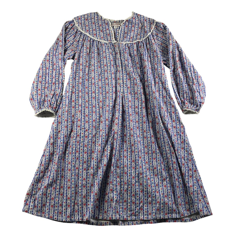 Lanz of Salzburg Womens Large Blue Strawberry Heart Flannel Nightgown Lace Trim